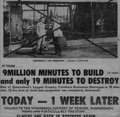 Tragedy struck when our business burned to the ground in 1974, only weeks after we had cleaned up after being flooded by the aftermath of Cyclone Tracy.  Somehow Dad, with Mum by his side, was able to rebuild the business bigger than ever.